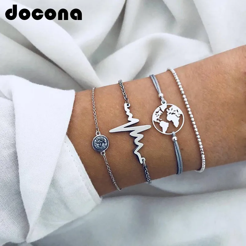 

docona Bohemian Silver Map Heartbeat Beaded Bracelets Set for Women Crysal Adjustable Bracelet Bangle Pulseiras 6740