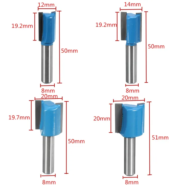 Wolke 7Pcs 8mm Shank Straight Router Bit Set 6mm/8mm/10mm/12mm/14mm/18mm/20mm Diameter Blue Milling Cutter for Wooden Cutting