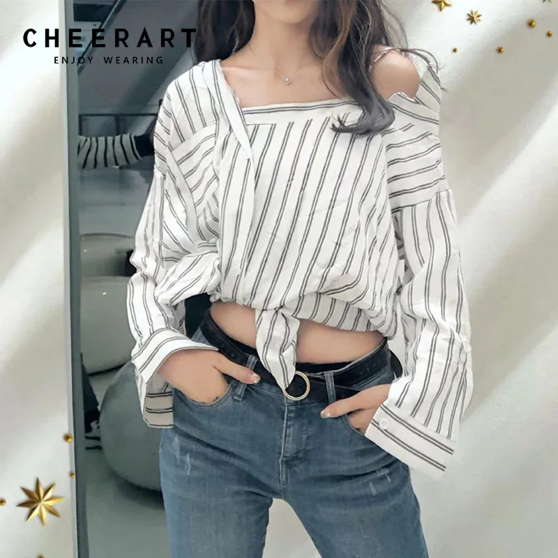 Женский топ на одно плечо Cheerart черно белая полосатая рубашка размера плюс блузка