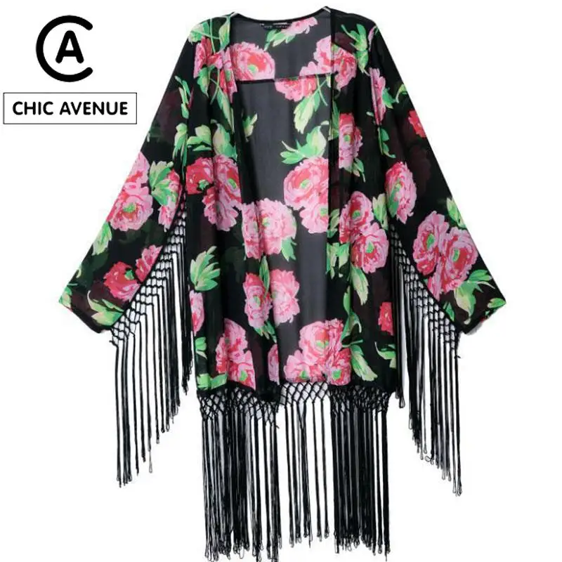 2015 New Summer Style Women Kimono Fashion Big Red Flower Kimonos Black