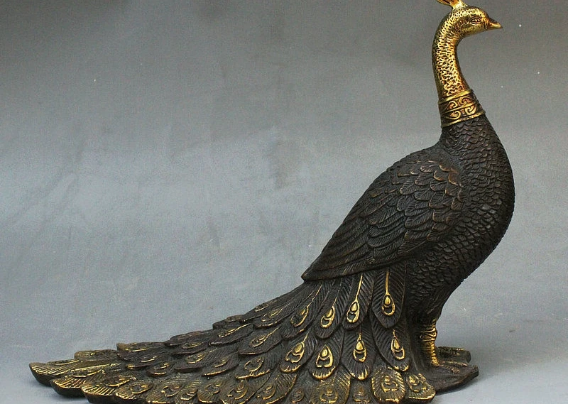 

11" Old China FengShui Palace Bronze Gilt Auspicious Wealth Bird Peacock Statue