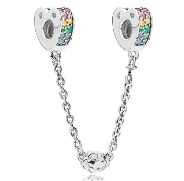 

New 925 Sterling Silver Bead Charm Multi-colour Arcs Of Love With Crystal Safety Chain Bead Fit Pandora Bracelet Diy Jewelry