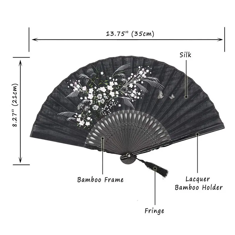 8.27 inch(21cm) Hand Held Folding Fans-Chinese Vintage Retro Style(Black