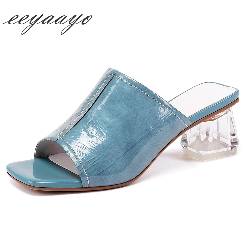 

2019 New Genuine Leather Summer Women Slippers High Square Heel Crystal Fashion Women Shoes Bule Outside Female Mules Slides
