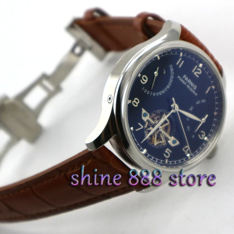 

43mm Parnis watch power reserve Black dial Brown strap deployant clasp date Automatic Self-Winding movement Men's watch