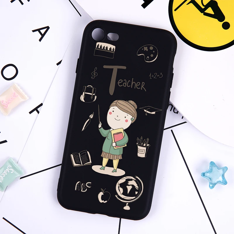 

DIFFRBEAUTY Cartoon Cute Teacher Phone Case For iPhone 5 SE XS XR 6 6S Plus Black Soft Phone Cover For iPhone 8 7 Plus