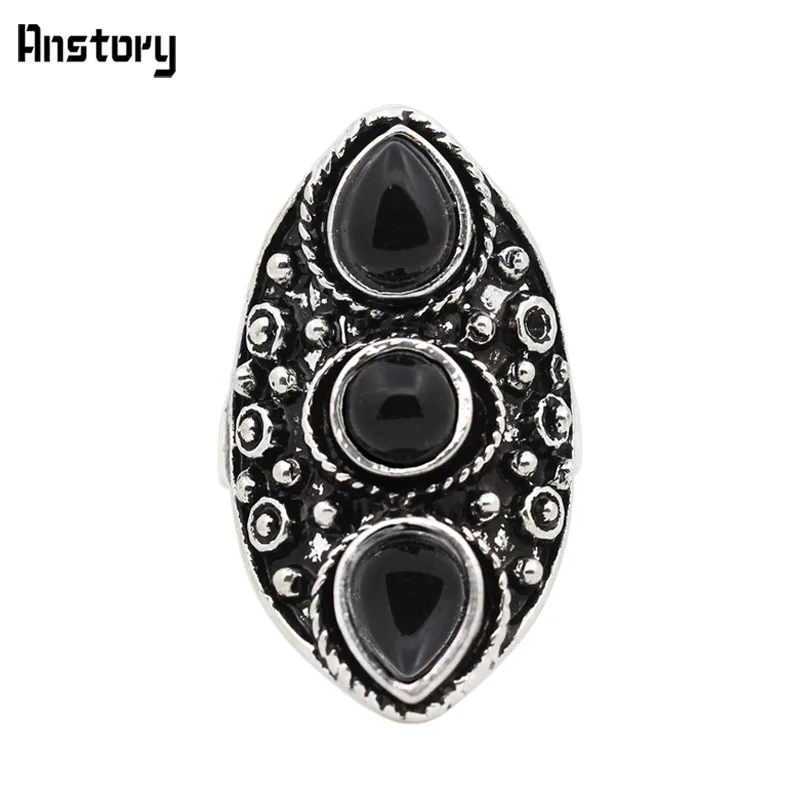 Винтаж черный камень Кольца для женщины Античная Посеребренная Модные украшения TR480