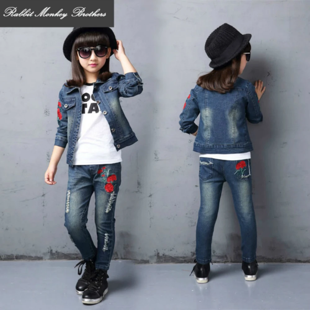 Spring fall Style Girls roses children clothing set Denim jacket + Jean