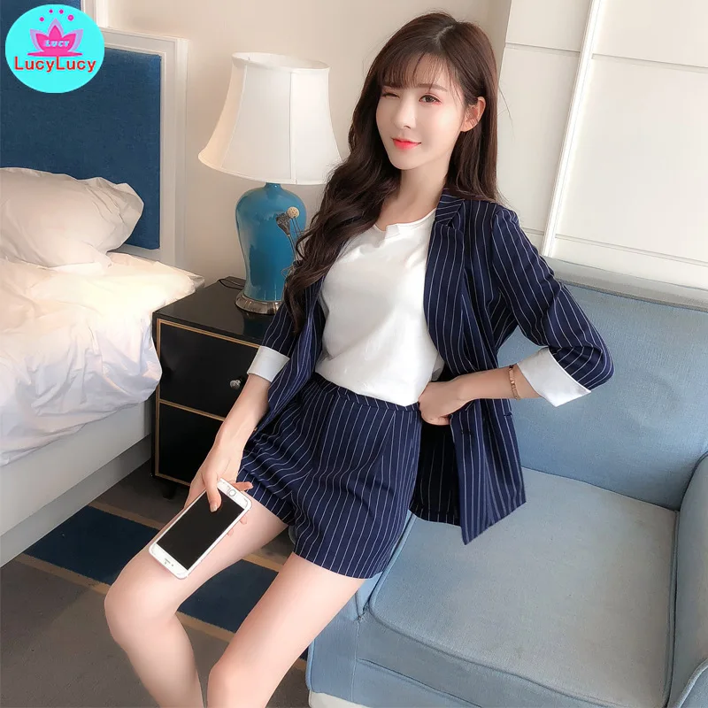 2019 summer striped thin section seven-point sleeve cuff stitching contrast suit + shorts casual two-piece suit