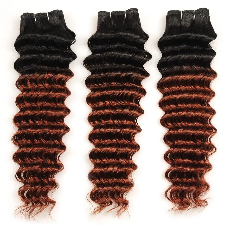 Pinshair Pre-Colored Ombre Brazilian Hair 3 Bundles With Closure T1B33 Non-Remy Deep Wave Human Hair Bundles With Lace Closure (14)