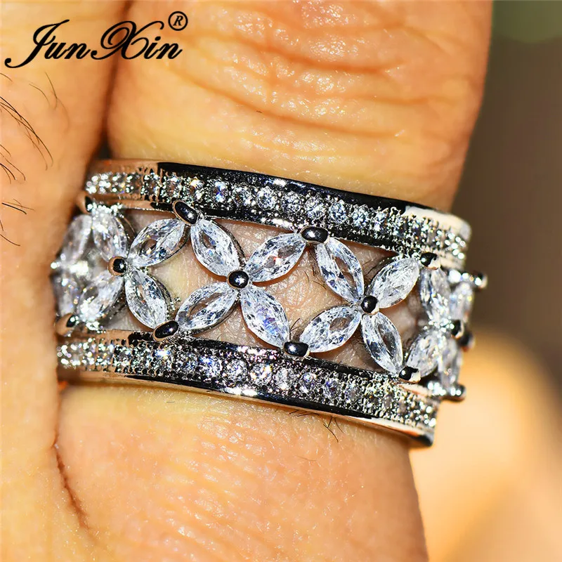 JUNXIN OL Female Crystal Butterfly Flower Big Rings For Women 925 Silver Filled White Zircon Horse Eye Stone Engagement Ring CZ