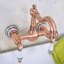 Античная красная медь двойная керамическая ручка кухонный поворотный кран для раковины носик смеситель кран настенный кухонный кран lnf955