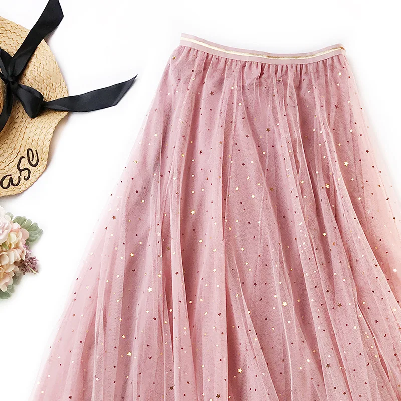 

2019 Women High Waist Lace Pleated Skirts Spring Summer Female Chiffon Tulle Shiny Stars Sweet Pleated Long Skirt
