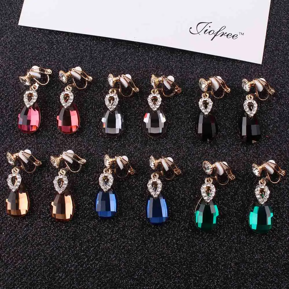 

JIOFREE Classic Elegant Clip on Earrings For Women Fashion Geometric Crystal 6 Color girl Earring Brincos Bijoux Jewelry