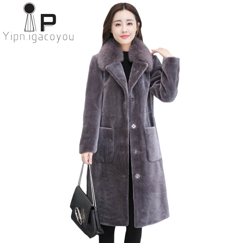 Goedkoop Vrouwen Lange Jas Winter Faux Fur Coat Warm Vos Bontkraag Jas Mode Plus Size Losse Hoge Kwaliteit Elegante Dames uitloper