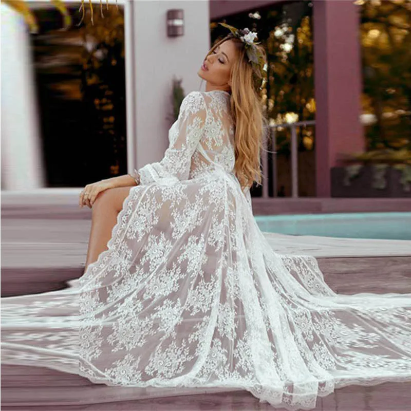 2019 Plus Size Summer Sexy Lace Beach Dress for Women New Hot Sheerness Hollow Out Irregular Elegantparty Long White | Женская одежда
