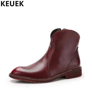 

British Style Men's Chelsea Boots Genuine Leather Boots Spring Autumn Men Ankle Boots Pointed Toe Leather boots 061