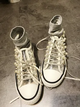 

Self-made original innovative heavy industry nail pearl Thai Chaozhou shoes canvas shoes pearl transparent 100-fold single shoes