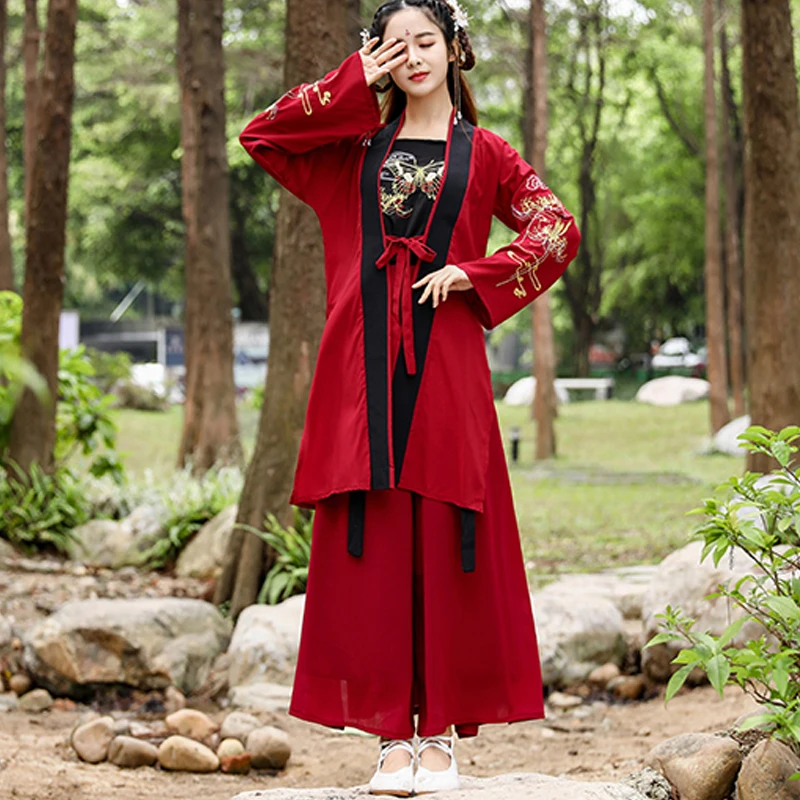 Красный костюм Hanfu из 3 предметов для женщин летняя одежда косплея древний