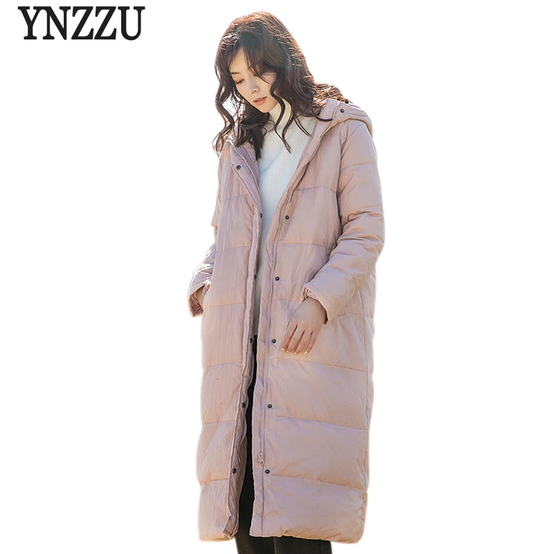 

YNZZU New Winter Women's Down Jacket Literary Pink Long 90% White Duck Down Coat Loose Thicken Warm Hooded Female Jacket YO728