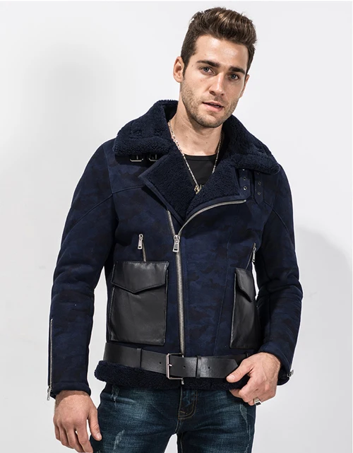 Мужская куртка из овечьей шерсти с отделкой из овечьей кожи, Авиатор, куртка шуба, летная куртка, B-3, кожаная куртка-бомбер, мотоциклетная куртка, меховая парка - Цвет: Blue