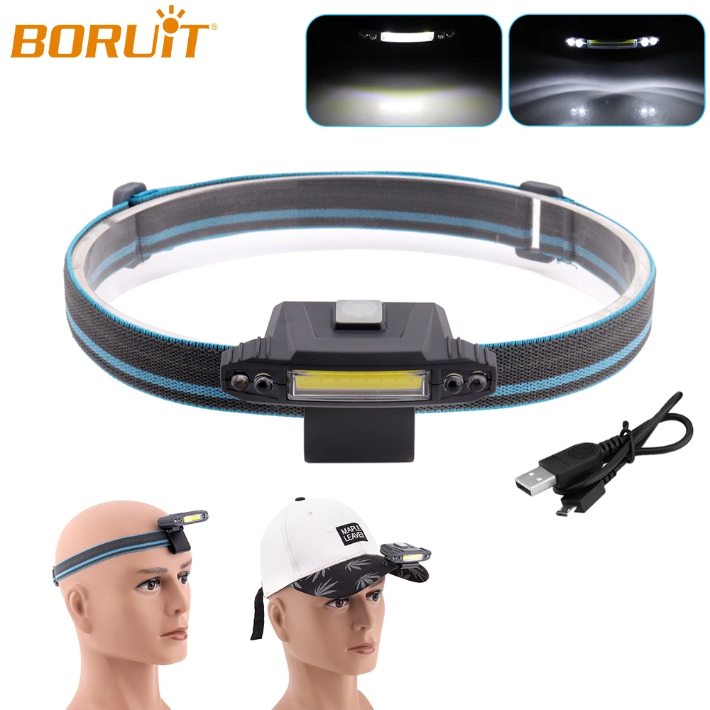 

BORUiT COB LED Headlamp Hat Clip Light Lamp USB Rechargeable Head Torch Waterproof Camping Hunting Fishing Lanterns with Battery