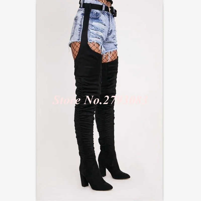 

Fashion Black Suede Thigh High Boots Women Chic Pointed Toe Square Heel Ladies Booties Waist Belt Strap Buckle Shoes Woman Botas