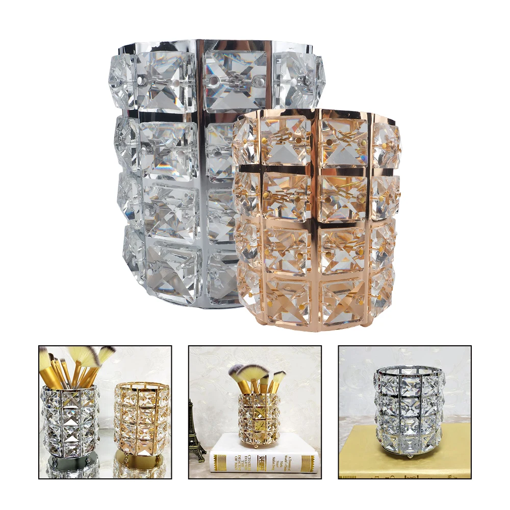 

European Metal Crystal Makeup Organizer Makeup Brush Desk Storage Box Dressing Table Pen Holder Storage Bucket Bathroom Decor