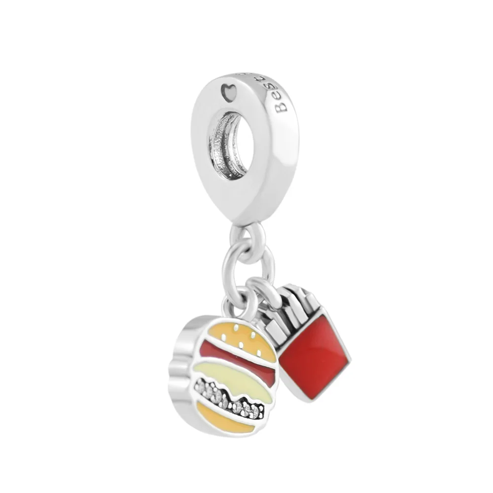 

925 Sterling Silver Burger & Fries Dangle Charm Red Golden & Yellow Enamel Fits Brand DIY Women Bracelets Jewelry