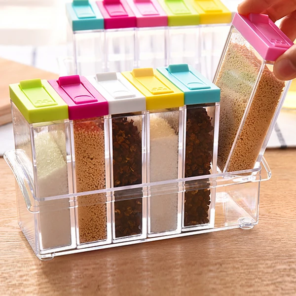 

6pcs/set Acrylic transparent Spice Jar Colorful Lid Seasoning Box Kitchen Tools Salt Condiment Cruet Storage box Containers Jar