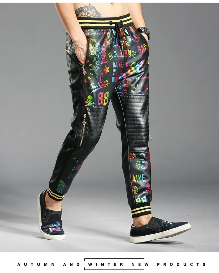 Хип-хоп брюки мужские черные уличная PU искусственная кожа брюки размера плюс джоггеры с принтом Высокая уличная эластичная талия на молнии