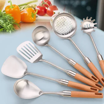 

GLANYOMI 1pc Stainless Steel Kitchen Utensil Wood Handle Cooking Tools Set Turner Ladle Spoon For Restaurant Kitchenware
