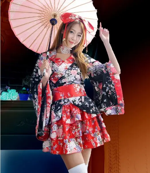 Starlist Japanese Red Floral Kimono Lolita font b Cosplay b font bowknot belt Costume dress font