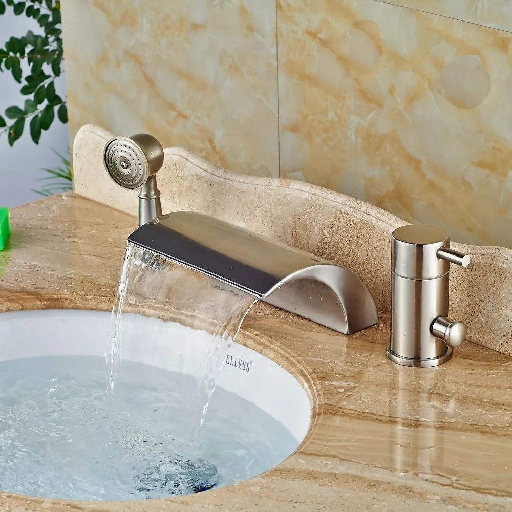 

Modern Deck Mounted 3pcs Bathtub Faucet Brushed Nickel Single Handle Waterfall Bathroom Tub Mixer Taps