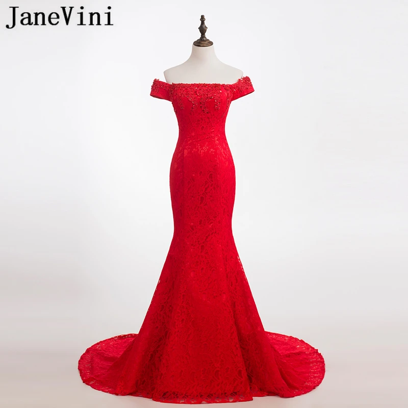 

JaneVini Elegant Red Lace Mother of The Bride Dresses with Applique Sequins Boat Neck Backless Sweep Train Mermaid Evening Gowns