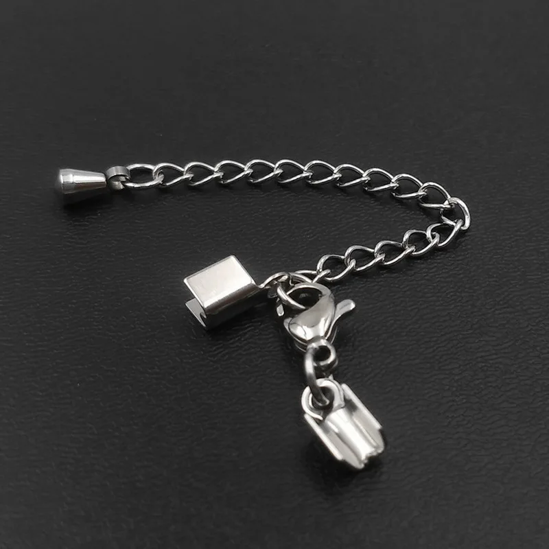 Stainless Steel Cord Crimp Ends Caps with Lobster Clasps Extender Chain