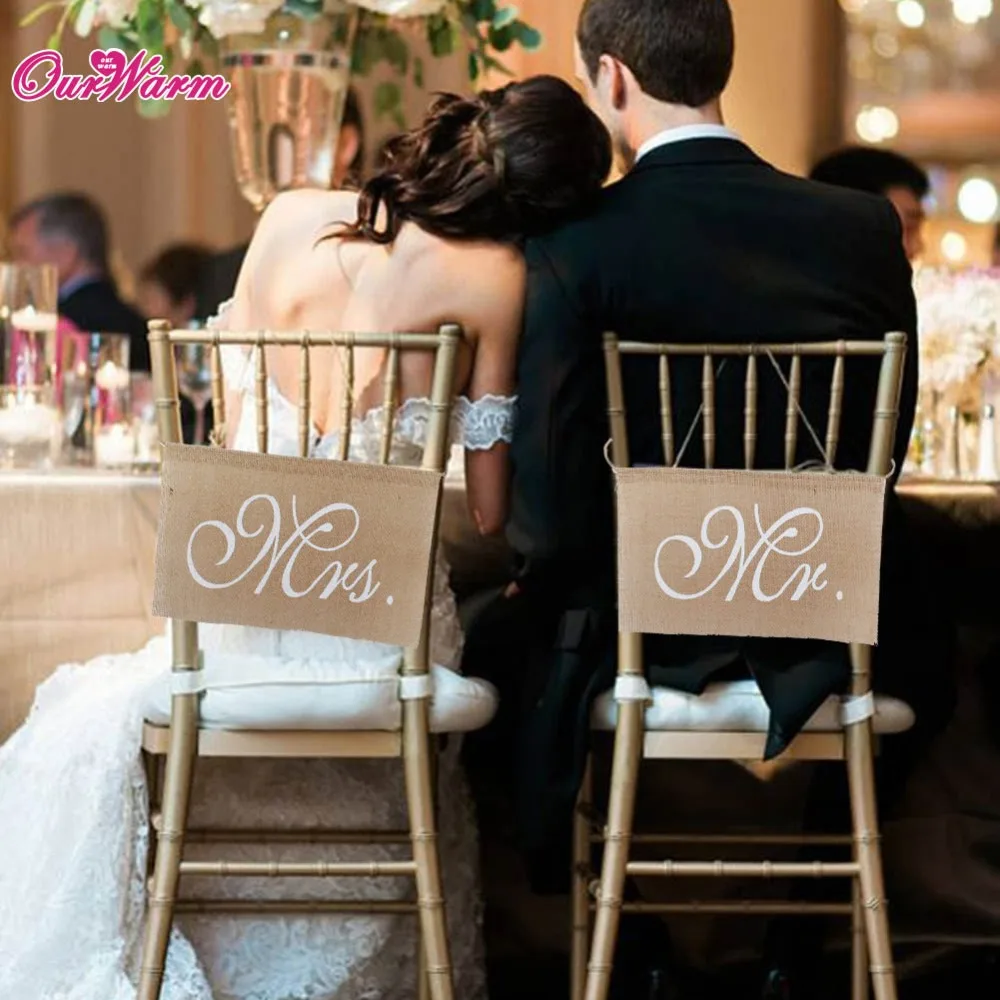 OurWarm Khaki Mr& Mrs Burlap Chair Banner Set Chair Sign Garland Rustic Wedding Party Decoration 30 x 20cm