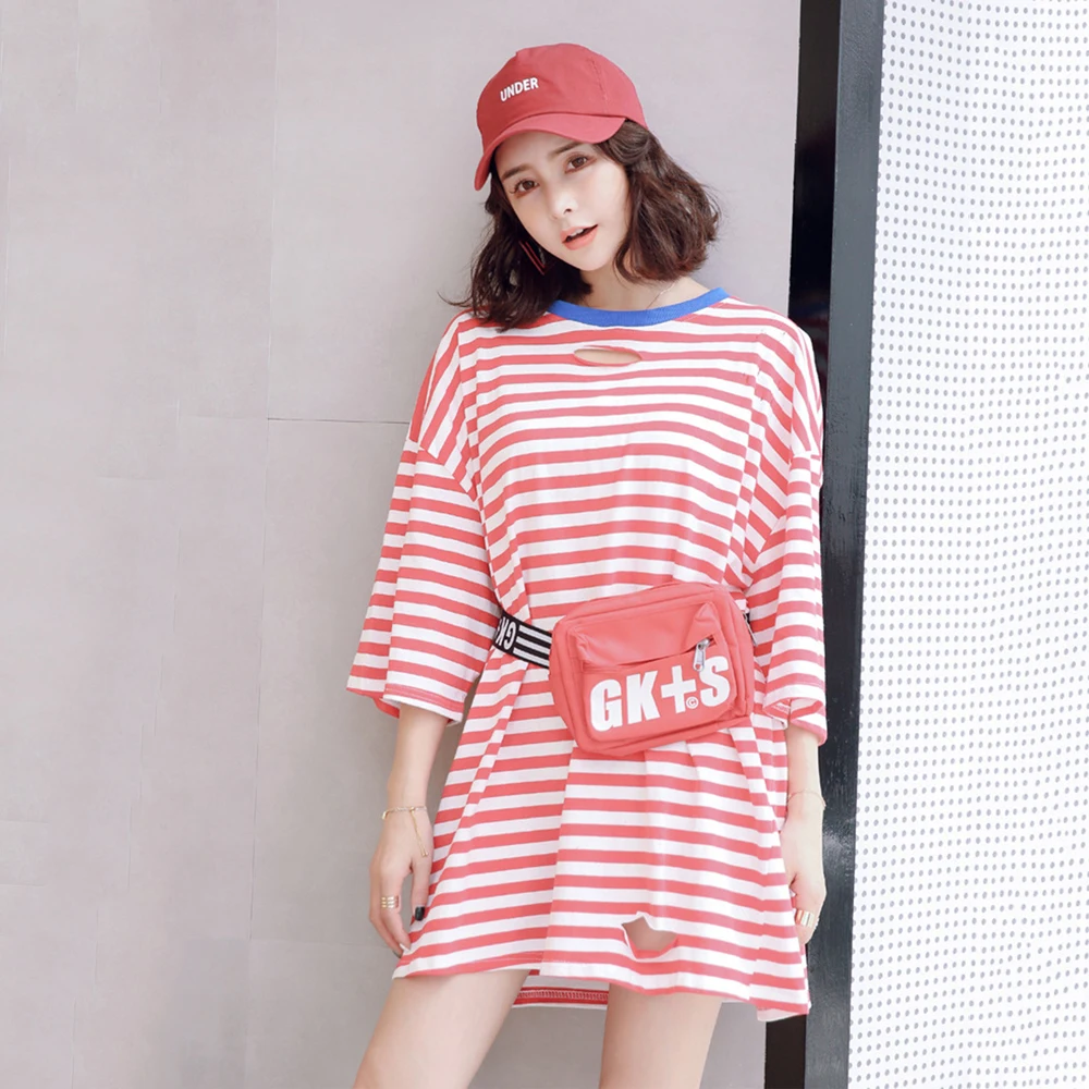 

Spring and summer new style Medium long striped t-shirt Loose hole short sleeve large size women's clothing