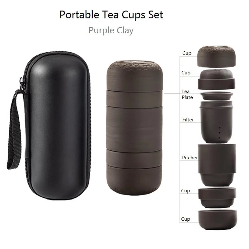 

Creative Portable Zisha Tea Cups Set for Travelling Purple Clay Tea Set for Outdoor Trips Business Gift Present 4 Cups