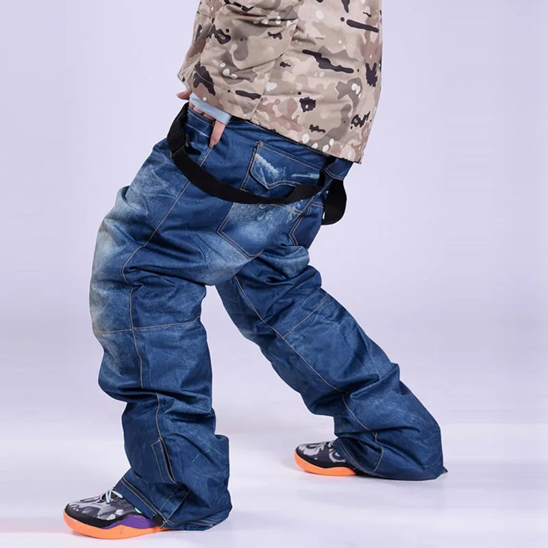 Men Jean Ski Pants Skiing Denim Trousers Unique Suspenders Ski Waterproof Breathable Warm