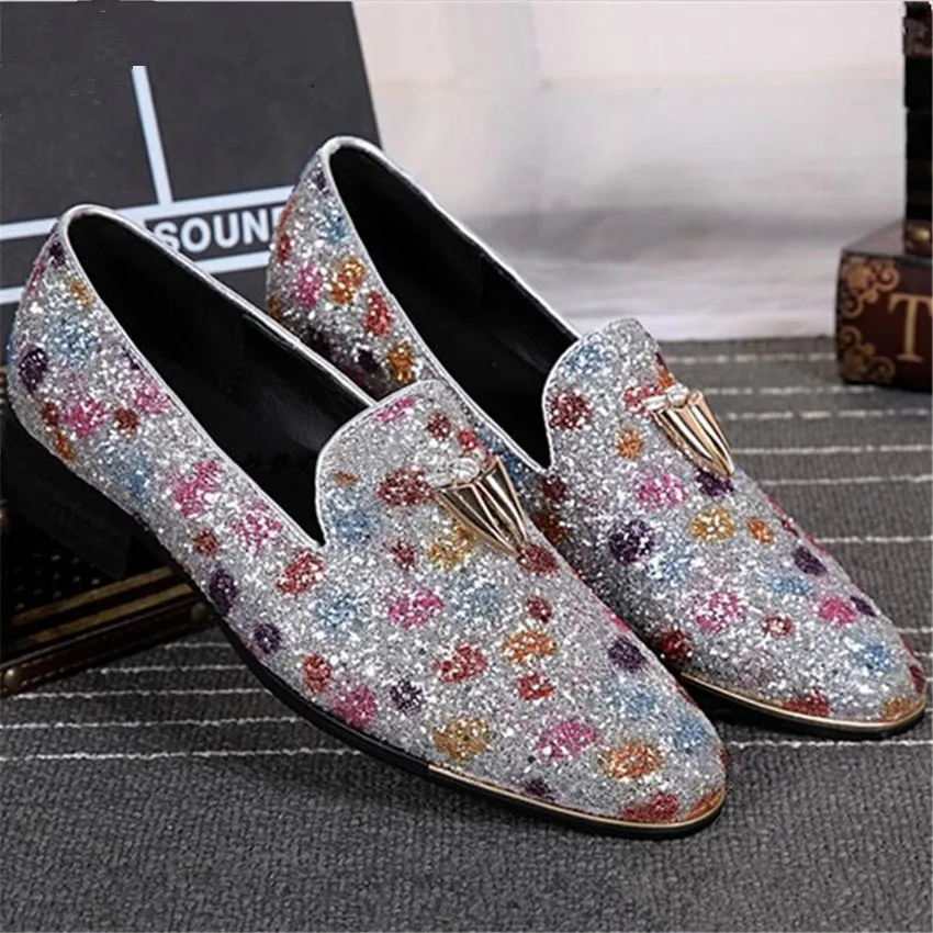 Fashion Paillette New Leather Men Colorful font b Shoes b font Chaussure Homme Loafers Slip On