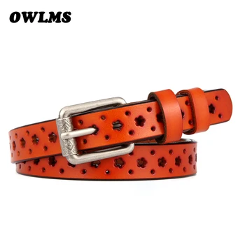 

Women genuine leather strap belt luxury designer belts HOT lady high quality cowhide thin cowskin pin buckle cutout flower jeans