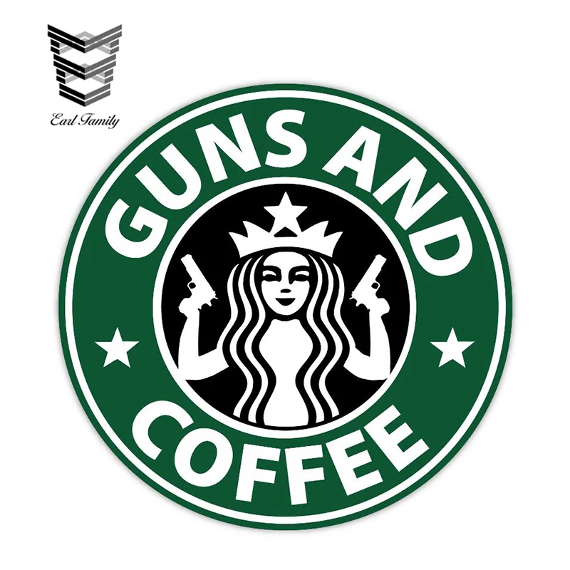 

EARLFAMILY 12cm X 12cm Car Stickers Guns and Coffee Sticker Decal Funny Car Styling Sticker Waterproof Auto Motor Decor Graphics