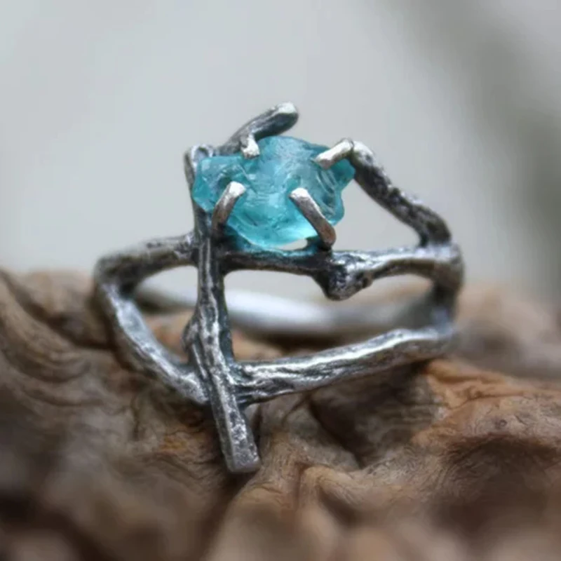 

Summer Beach Antique Silver Color Branch Cross Blue Resin Stone Ring For Ladies Holiday Accessories Vintage Rings Jewelry Z3M177