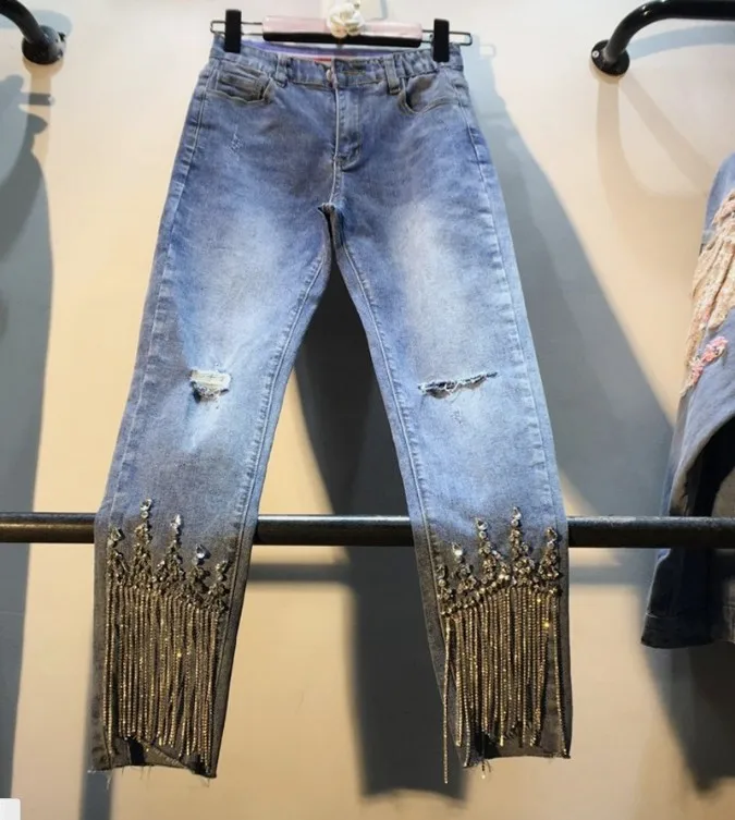 Новые весенние джинсовые брюки с высокой талией и бахромой, женские узкие Стрейчевые джинсовые брюки со стразами, узкие брюки для девочек - Цвет: Небесно-голубой