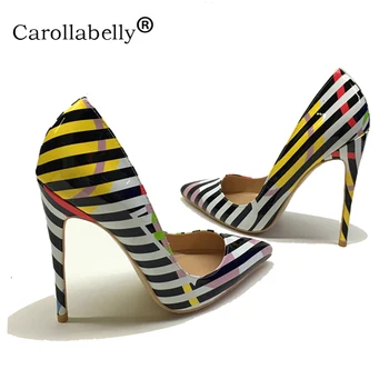 

Carollabelly New Zebra Stripe Patent Colorful Leather Women Pointed Toe High Heels Ladies Fashion Pumps Sexy Club Party Shoes