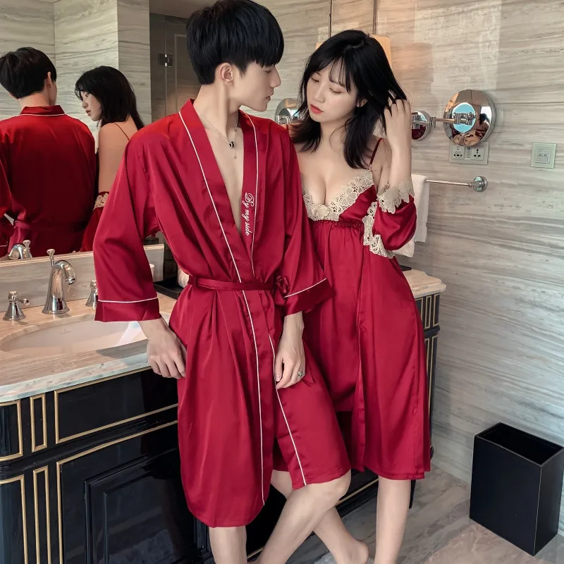 

New Summer Simulation Silk Couple Pajamas Ladies Strap Nightdress Robe Two-piece Men's Home Service Dressing Gown Sexy Lace Robe