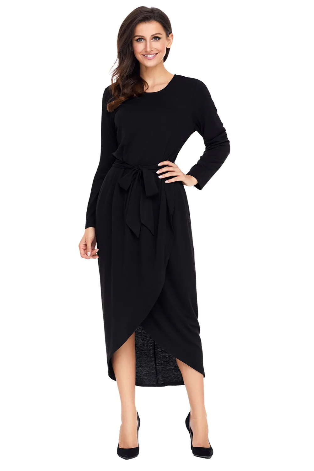 Black-Tulip-Faux-Wrap-Sash-Tie-Jersey-Dress-LC61818-2-1