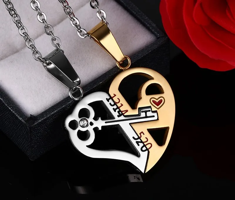 Meaeguet Romantic Couples Heart Key Crystal Pendant Her & His Love Necklace Set Lover Valentine Stainless Steel 24" Chain 8