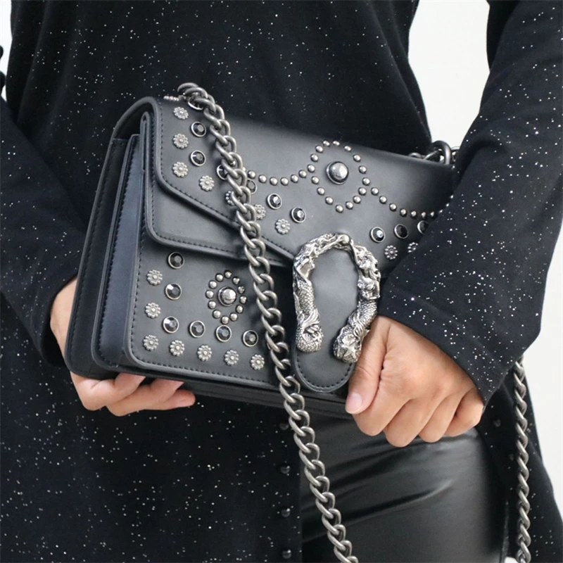 

Luxury Fashion Rivet Chain Casual Shoulder Bag Messenger Bag Retro Women Leather Bag\Handbag Lady Big Black Tote Motorcycle Bags